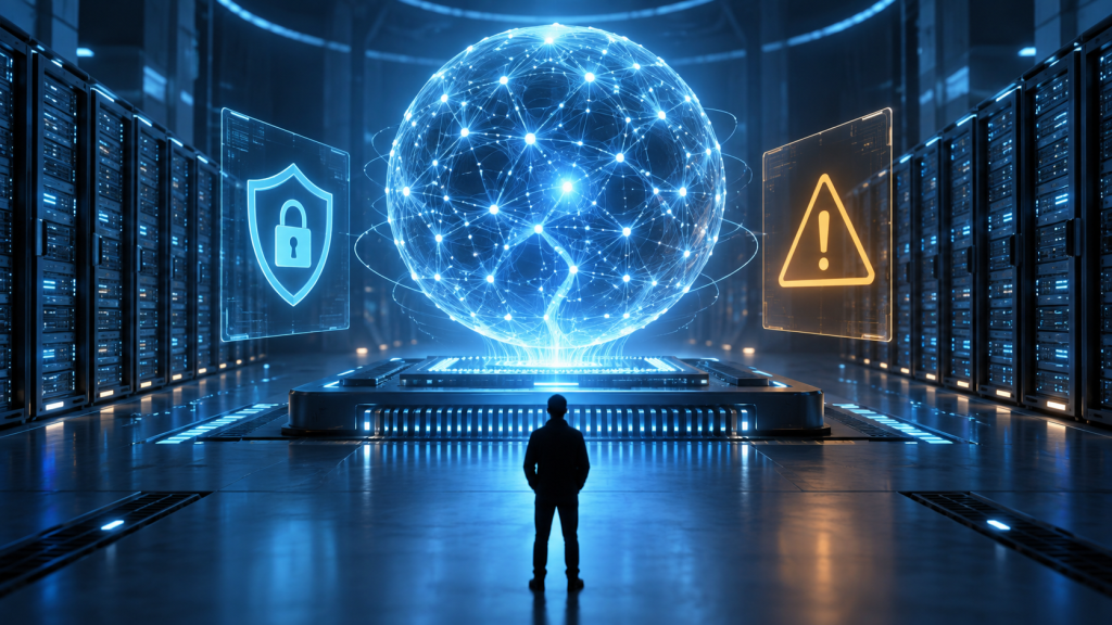 Ilustração de uma rede neural luminosa entre servidores, com símbolos de proteção e alerta.